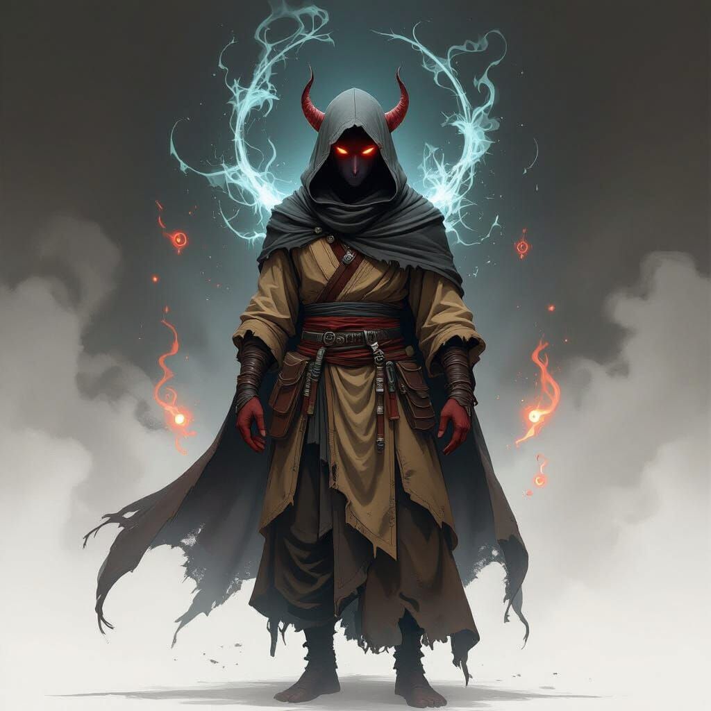 Mystical Tiefling Monk Surrounded by Light and Dark Magic