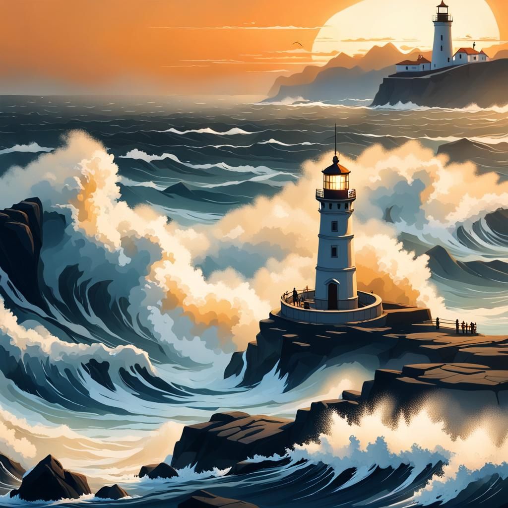 Dramatic Lighthouse Scene with Orange Sky