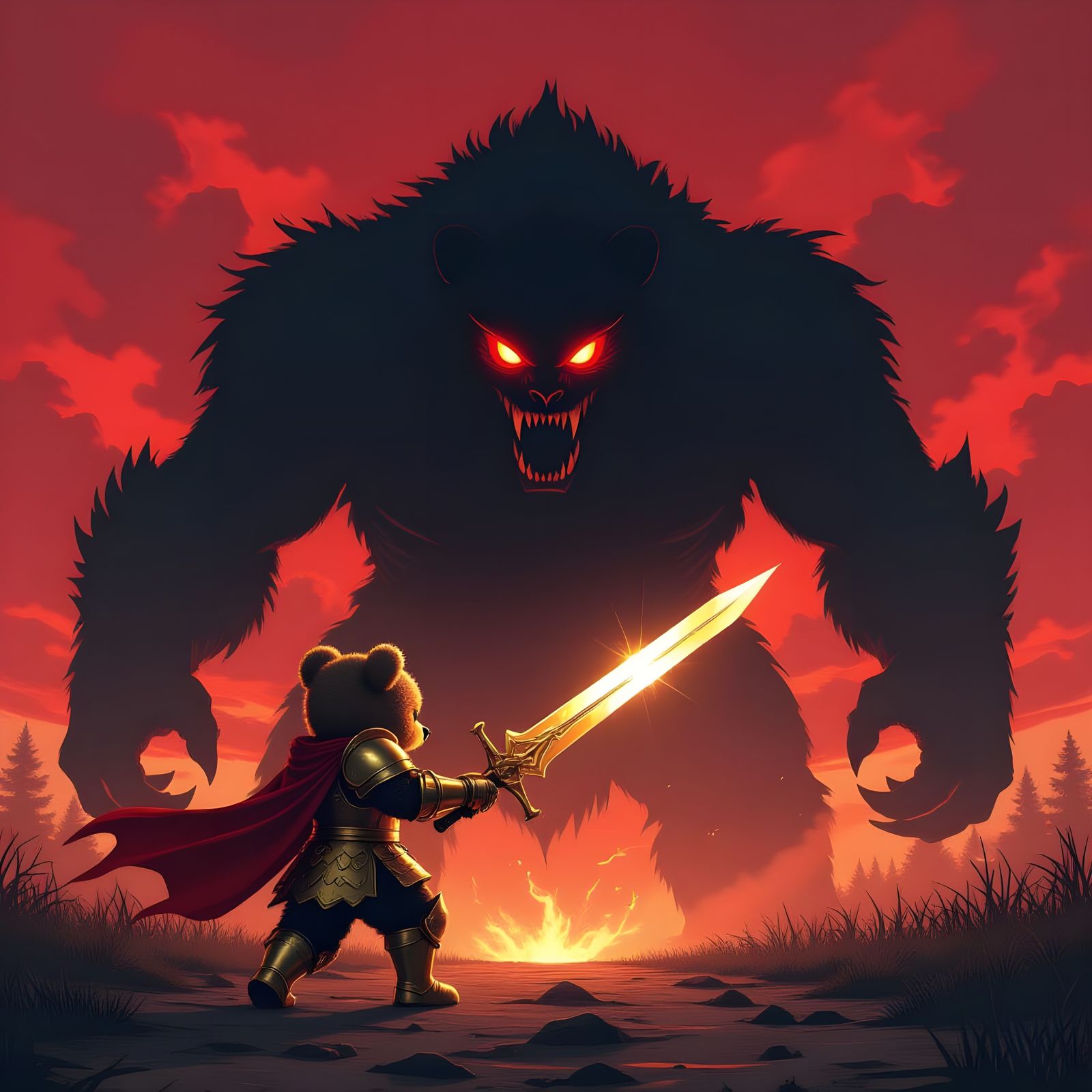 Teddybear Knight vs Monster in Ominous Red Sky