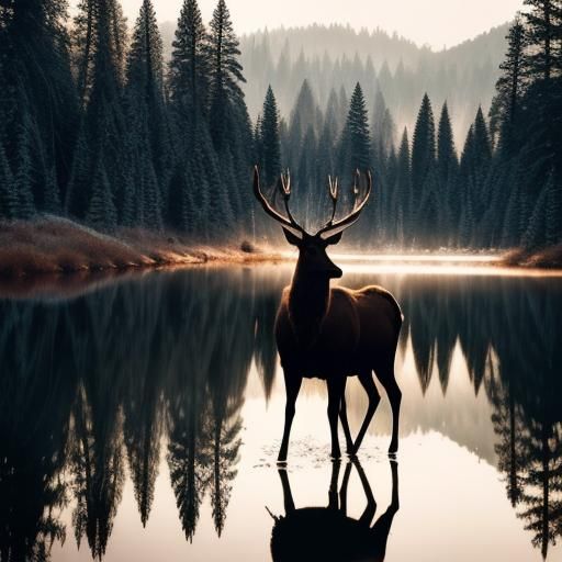 Elk by Lake in Forest: Dramatic Lighting