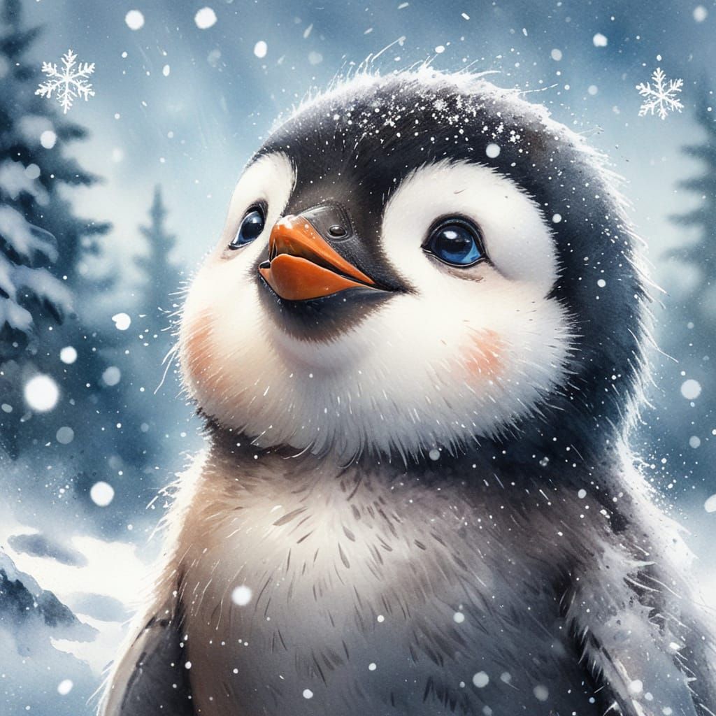 Happy Penguin in Falling Snow: Watercolor Painting
