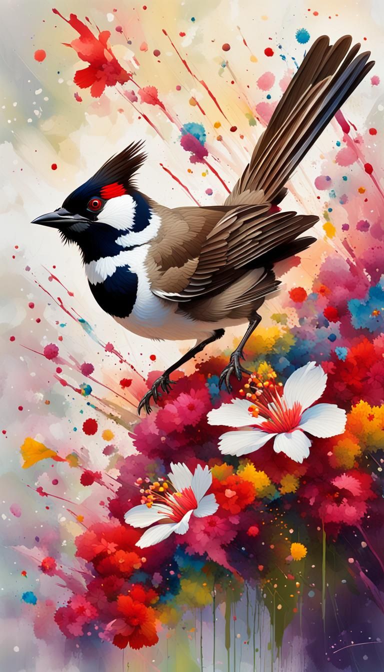 Vibrant Red-Whiskered Bulbul Portrait with Flowers