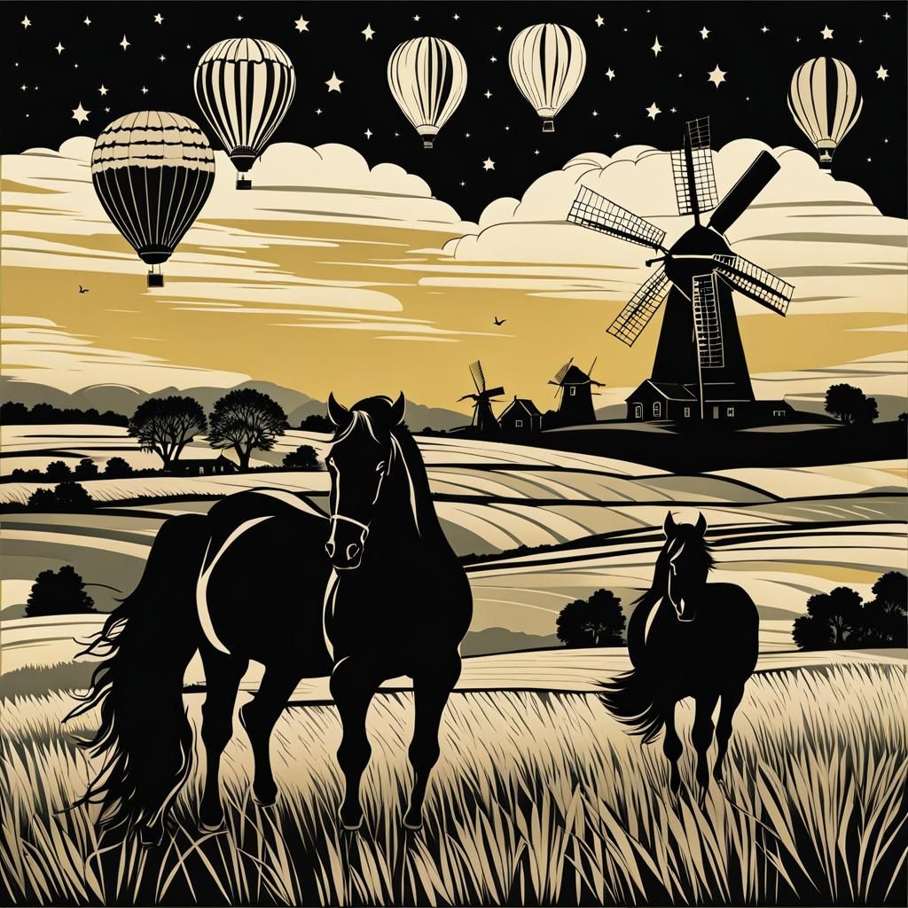 Hot Air Balloons Over Dutch Landscape in Van Gogh Style
