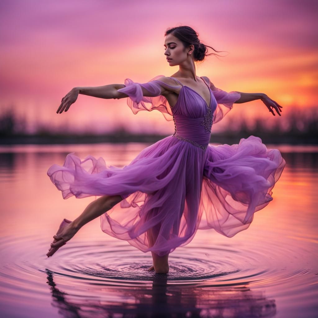 Girl in Lilac Dress Dancing on Water at Sunset