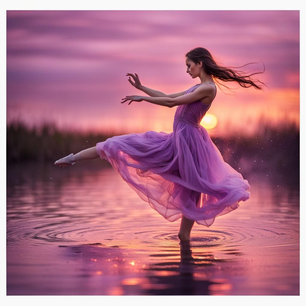 Girl in Lilac Dress Doing Scorpion Pose on Water
