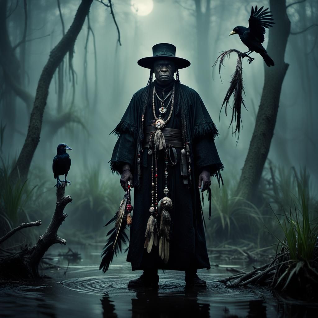Mysterious Voodoo Priest in Misty Swamp Photograph