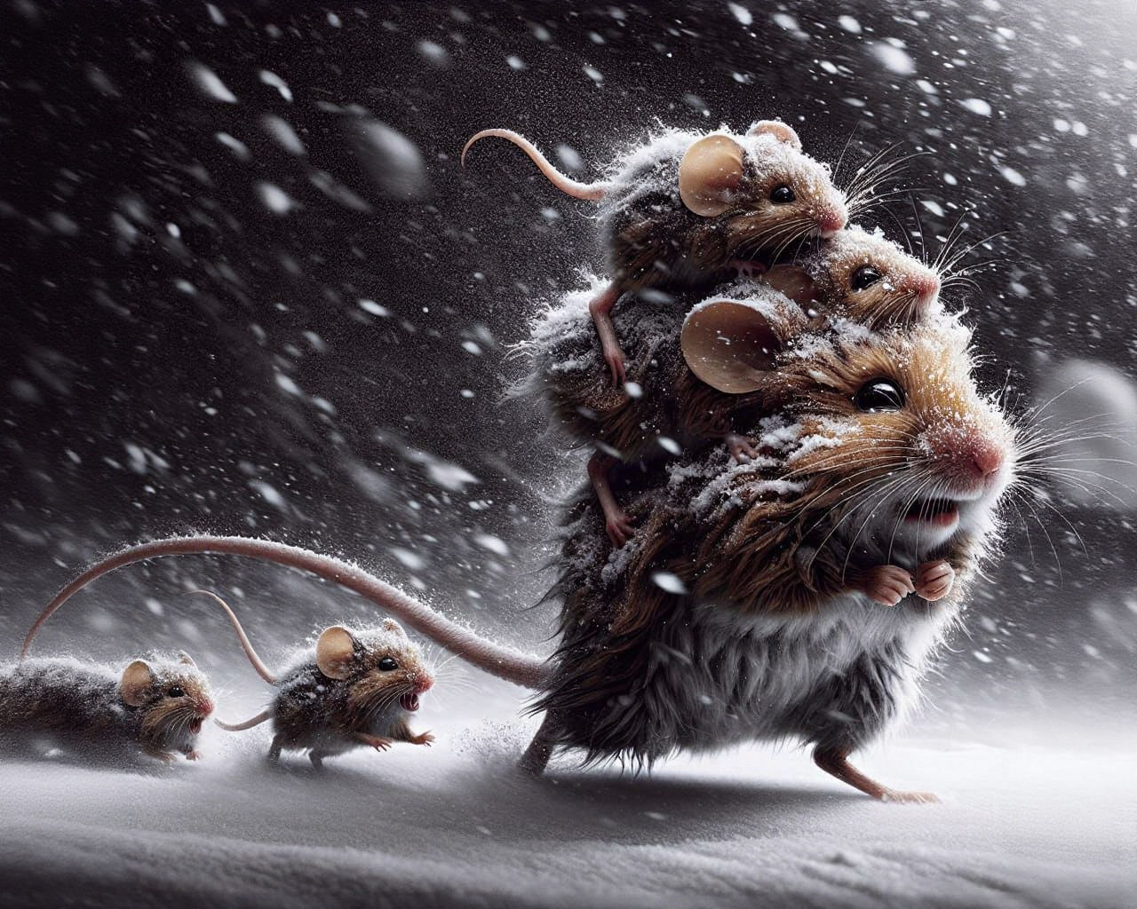 Fluffy Mouse Family Journey Through Snowstorm