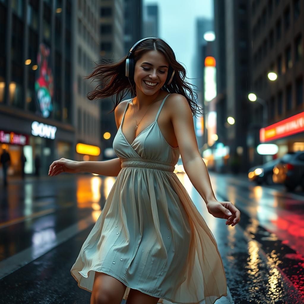 Woman Dancing Joyfully in Rainy City at Dusk