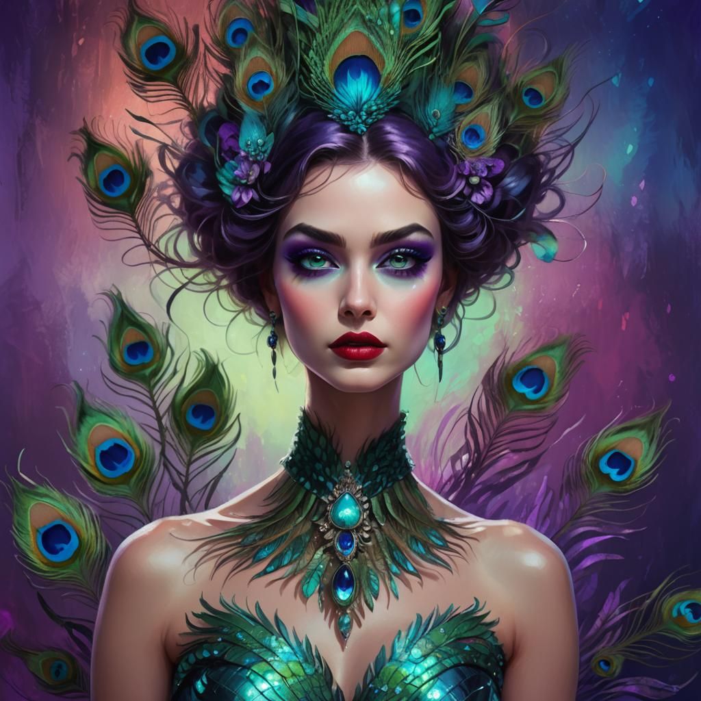 Peacock Haired Woman with Turquoise Skin: Digital Art