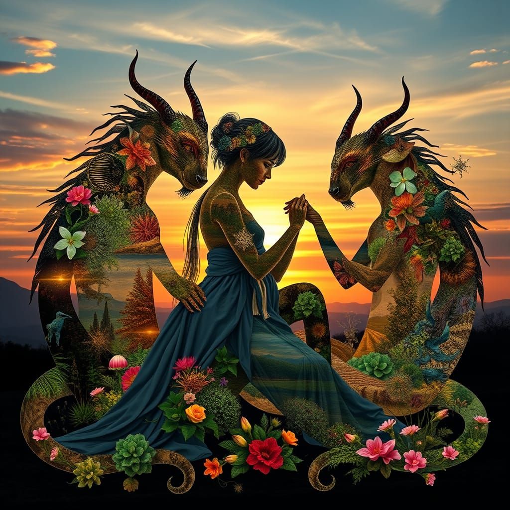 Mythical Creatures Collage in Dreamlike Sunset