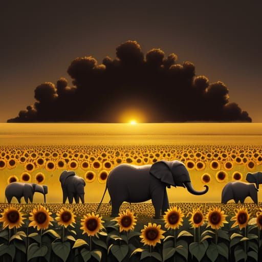 Chocolate Elephants in Sunflower Field: Oil Painting Style