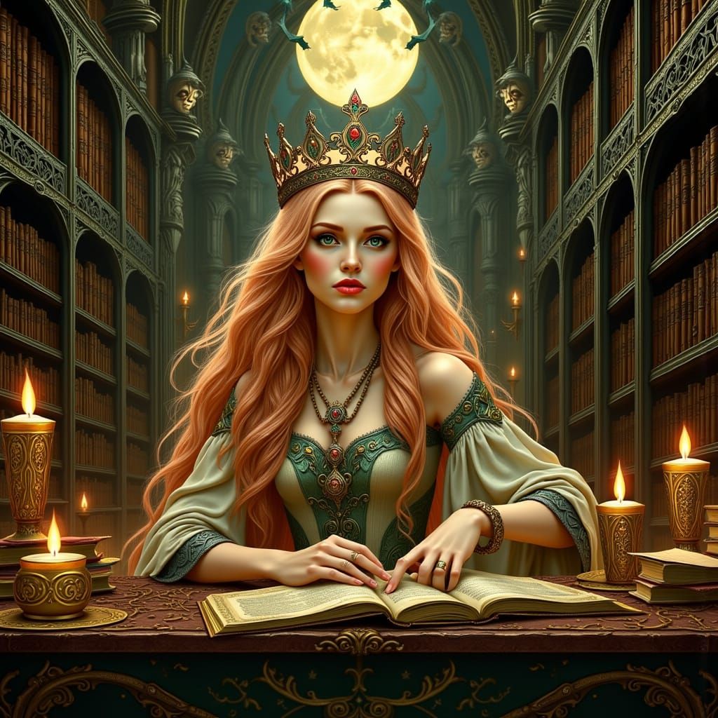 Celestial Librarian in Gothic Cathedral, Art Nouveau Style