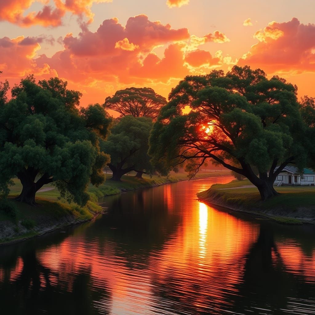 Sunset River Landscape in Impressionistic Style