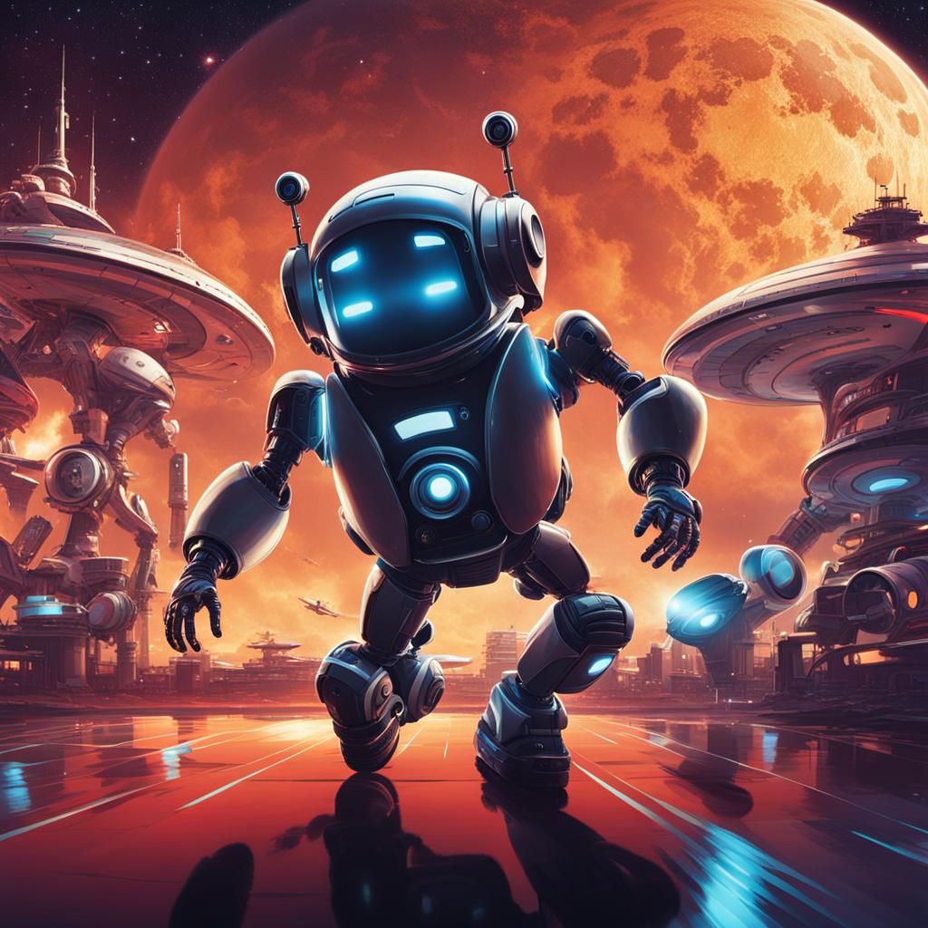 Breakdancing Robot in Futuristic Cityscape