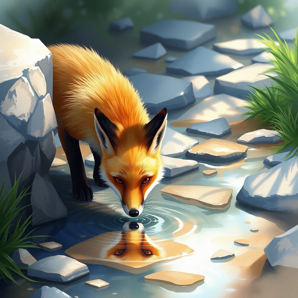 Fox Drinks from Brook in Watercolor Anime Style