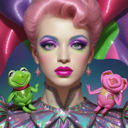 Kermit in Vibrant Drag Culture Portrait with Massive Glitter