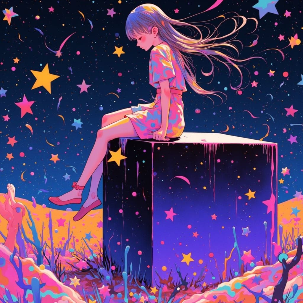 Sad Girl on Cube in Desert, Anime Style