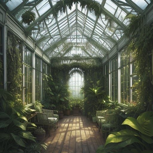 Enchanted Greenhouse With Glowing Plants and Botanical Art