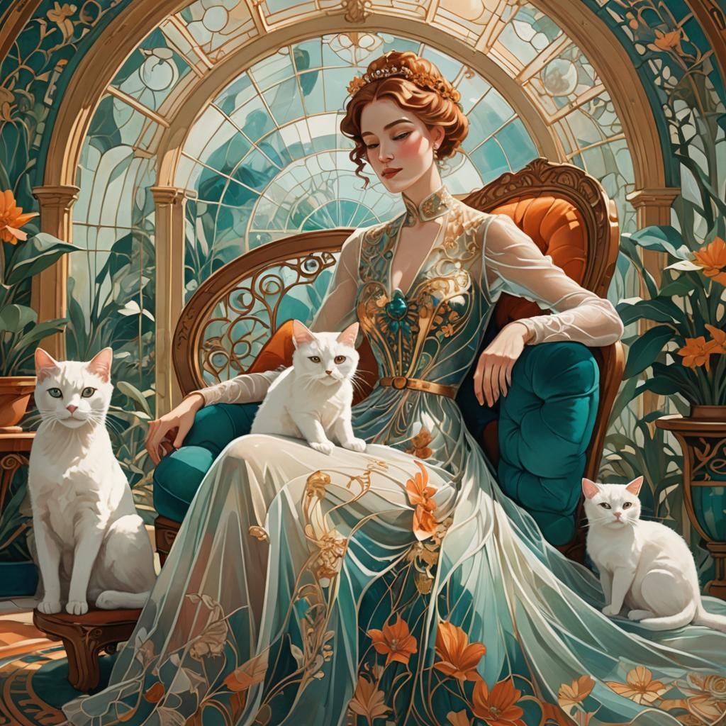 Elegant Lady with White Cat in Art Nouveau Style