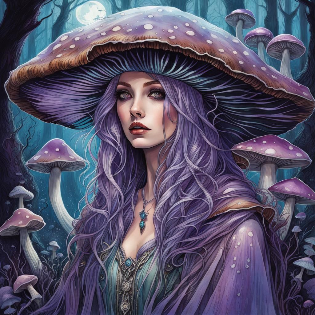 Psychedelic Mushroom Forest Witch with Glowing Eyes