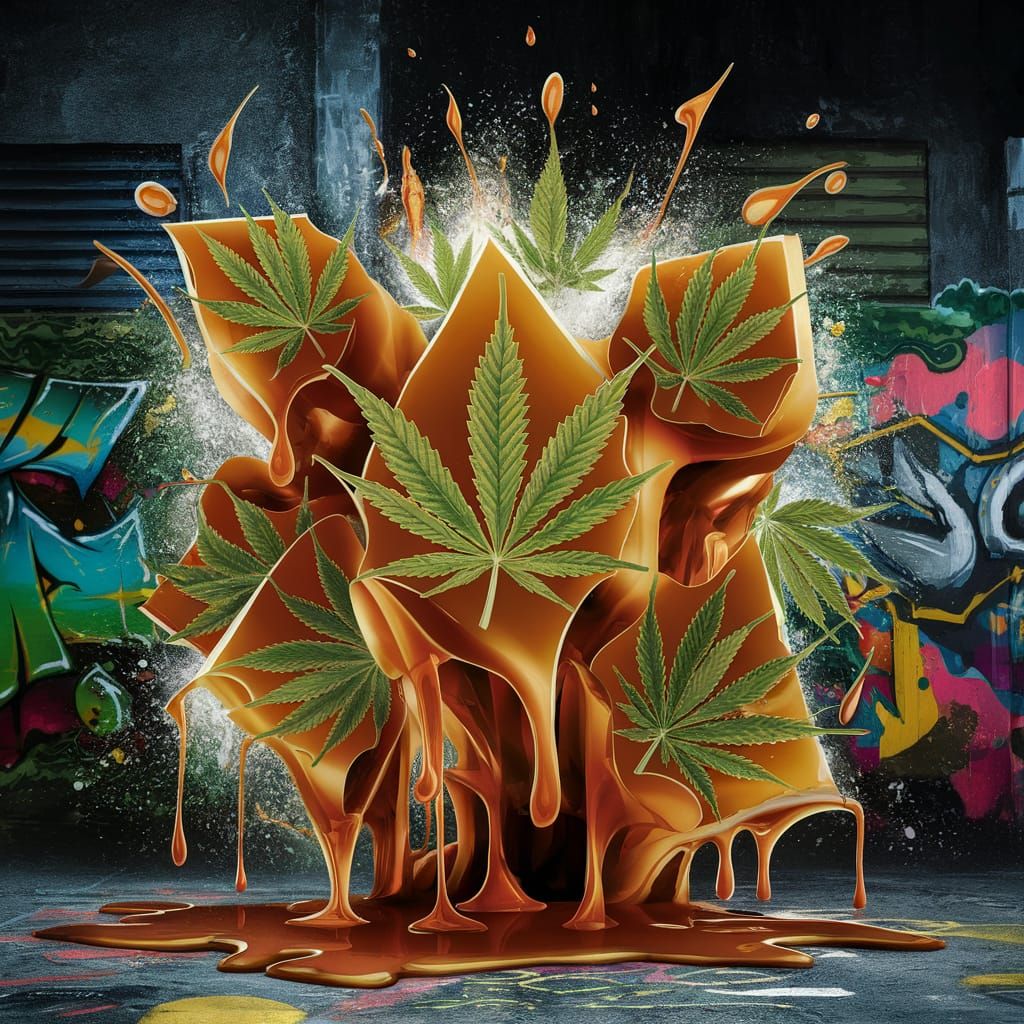 Caramel Cannabis Leaves in Graffiti Splash Art