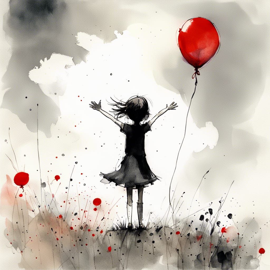 Girl Reaches for Red Balloon in Watercolour Style