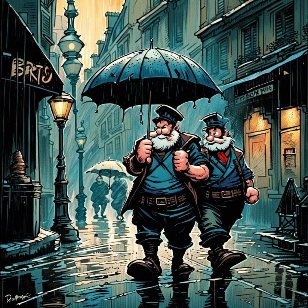 Popeye and Bluto Share Umbrella in Paris: Comic Art