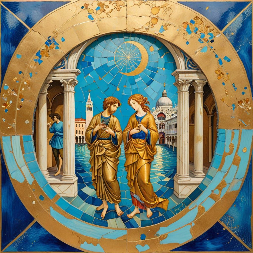 (Piazza San Marco:1.5), Sandro Botticelli and Paul Gauguin, gold and blue dominant, fragmented beauty of kintsugi mosaic...