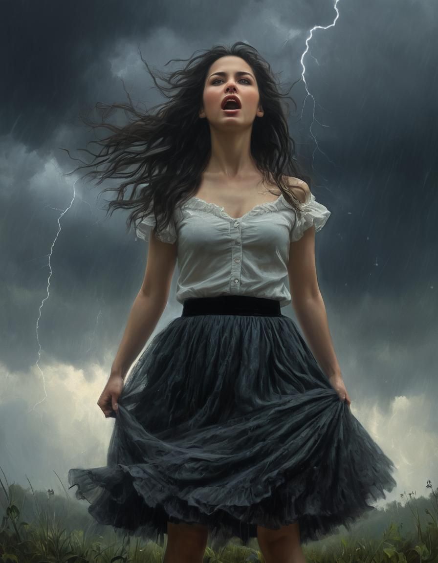 Ethereal Woman in Storm, Chiaroscuro Oil Painting