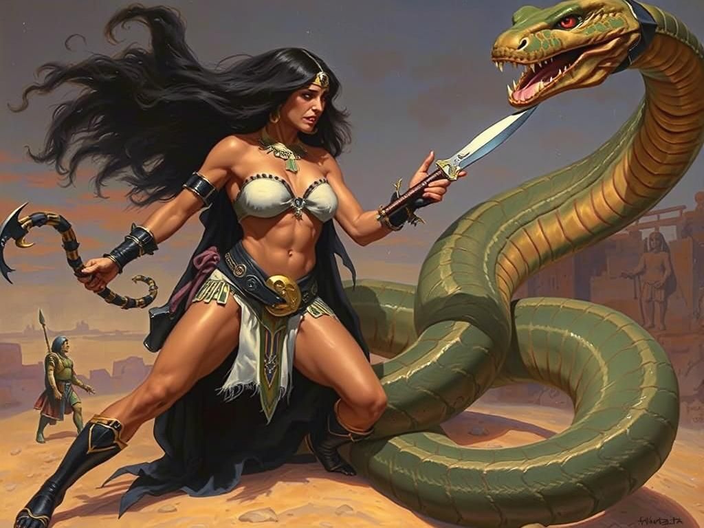 Egyptian Priestess Attacks Giant Snake: Frazetta Style