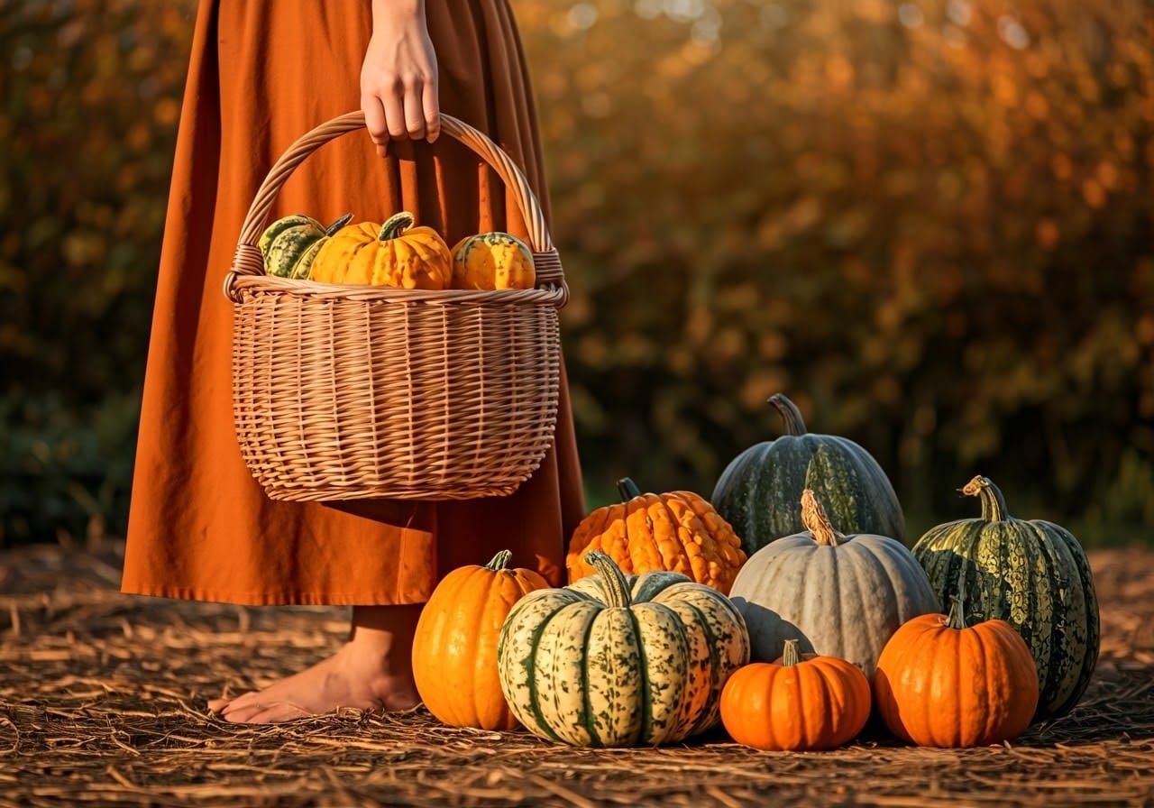 Autumnal Gourds Scene with Origami-Inspired Details