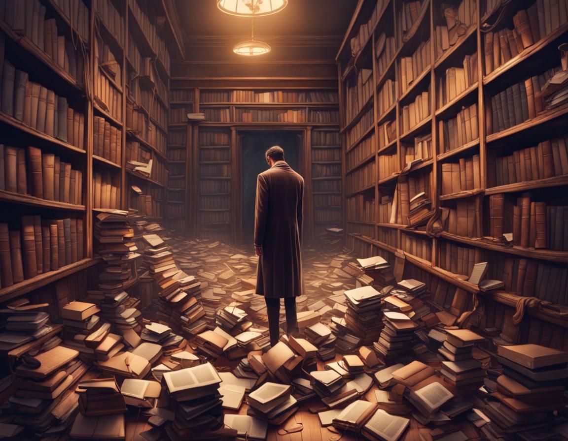 Eldritch Library: Exhausted Man Leaves Book Heap
