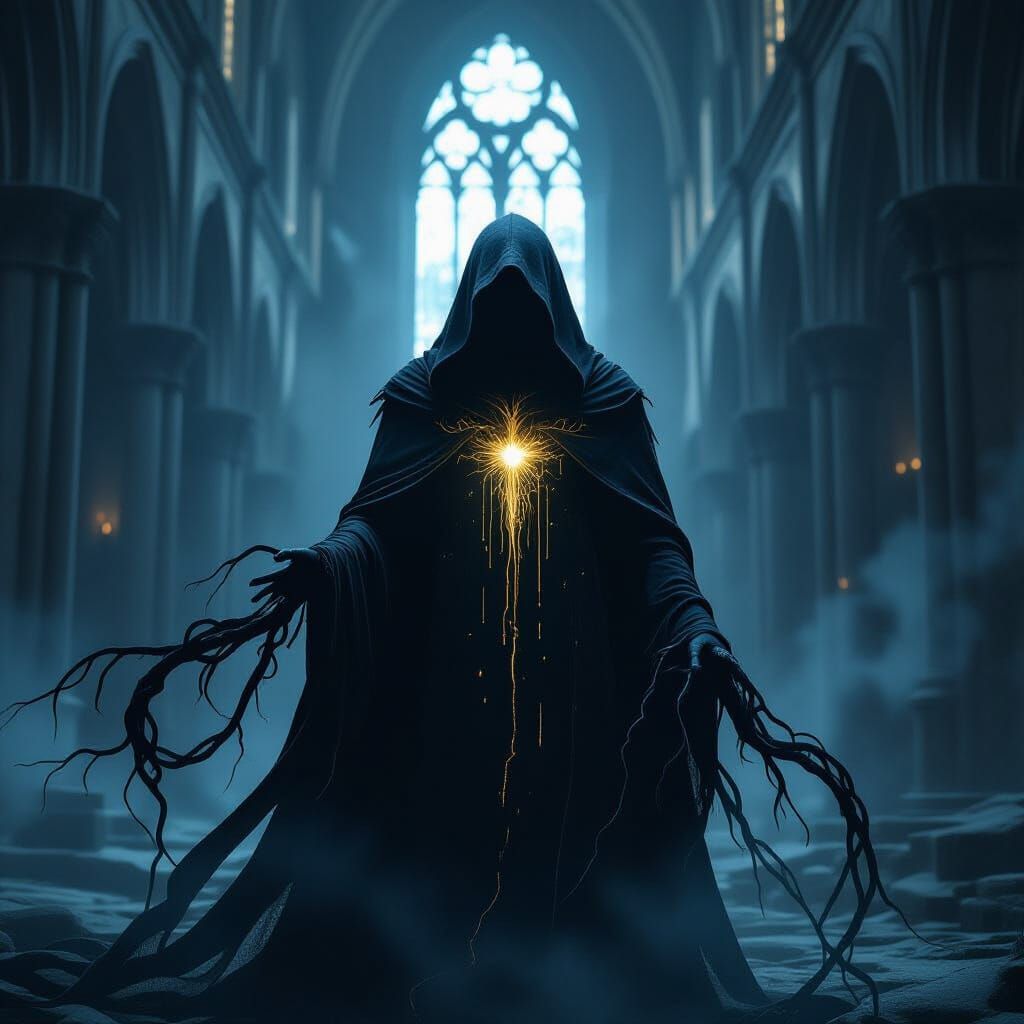Eerie Hooded Figure in Abandoned Cathedral