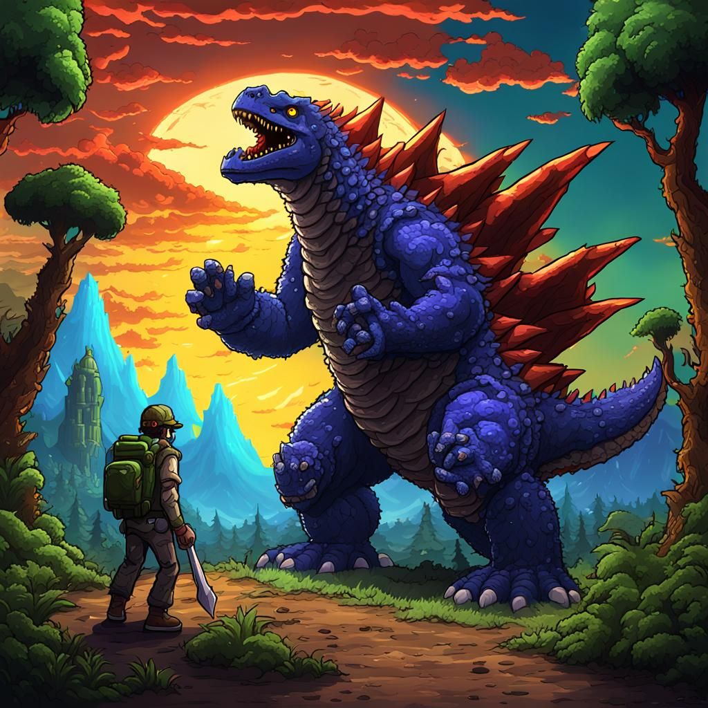 Terraria Character Fighting Godzilla in 2D Style