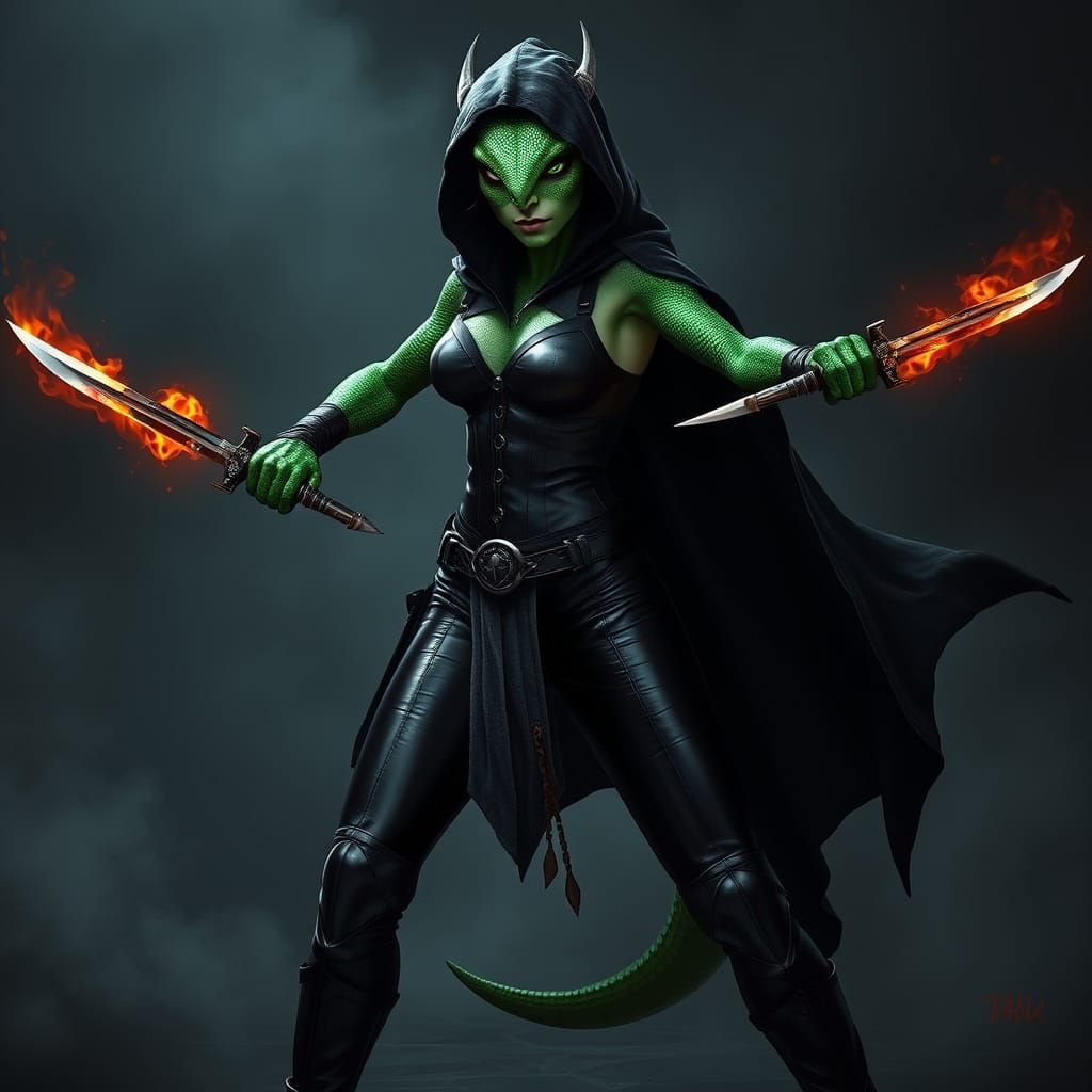 Emerald Dragonborn Wields Deadly Precision in Dark Fantasy