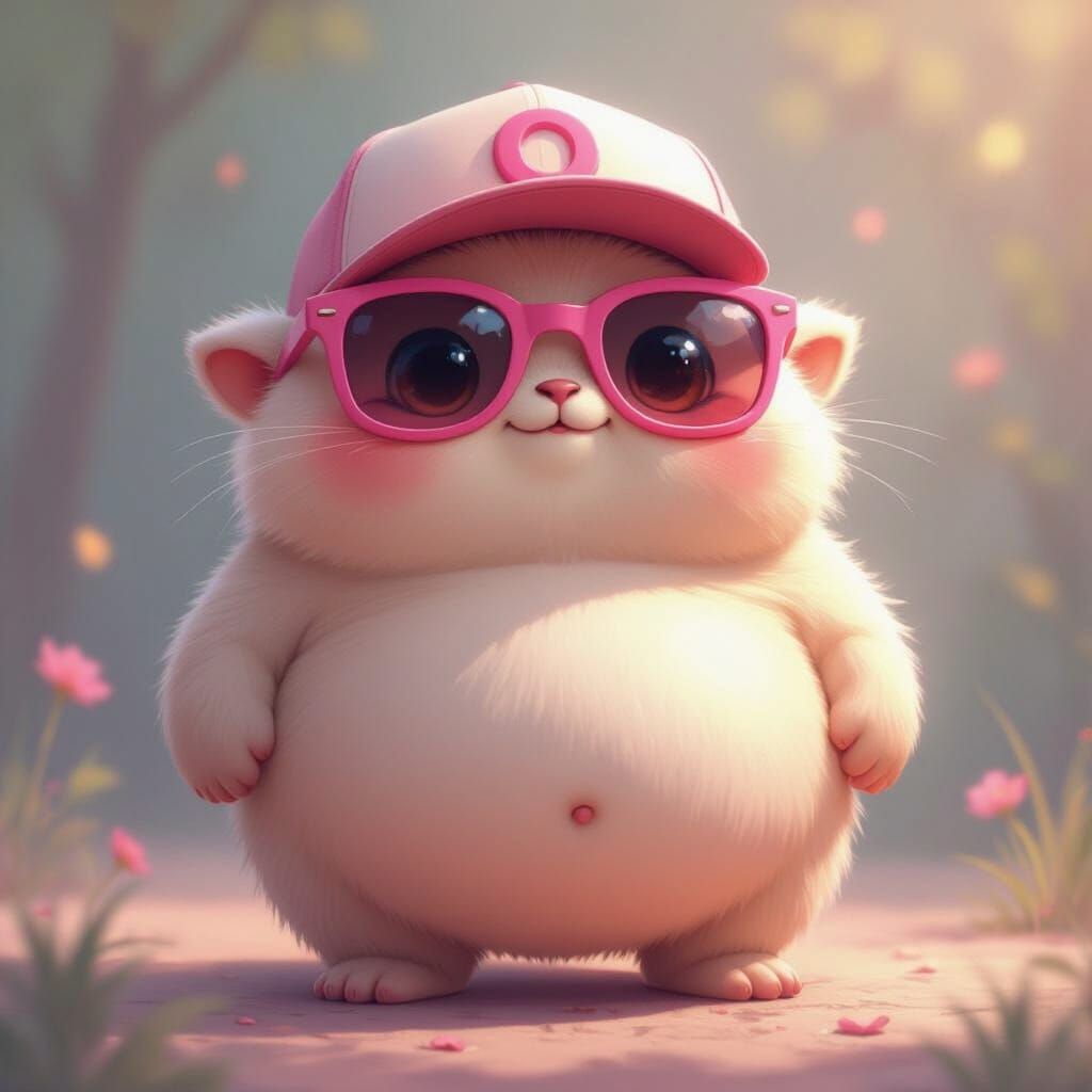 Cute Chubby Creature with Pink Sunglasses and 'o' Cap