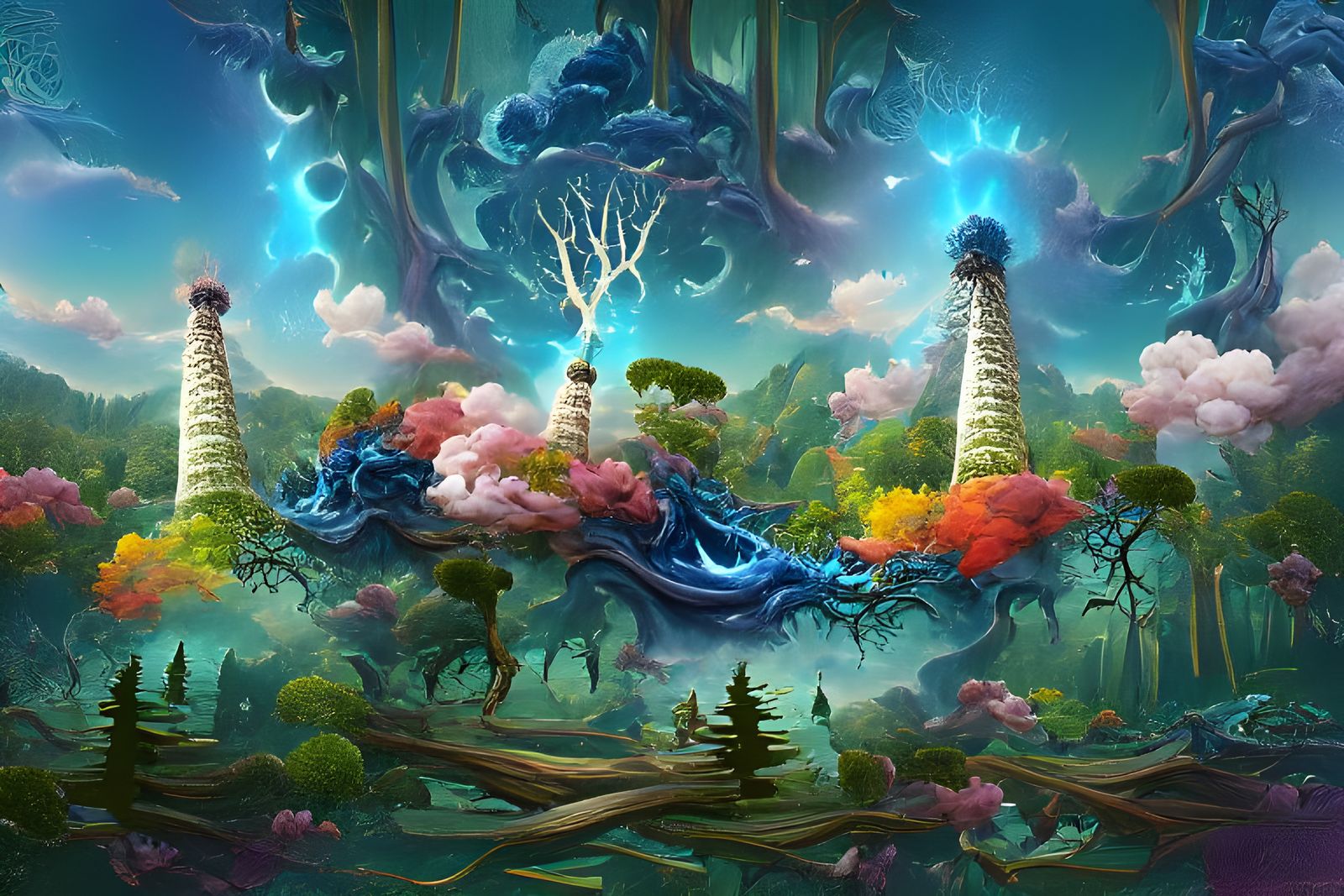 Psychedelic Woods with Swirling Tower: Digital Illustration