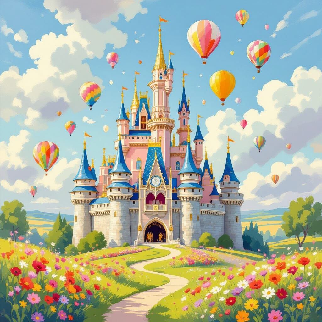 Balloon Castle Floating Above Meadow as Impressionist Painti...