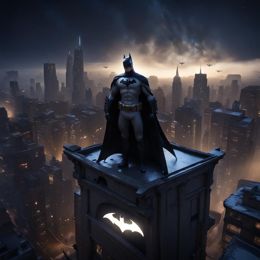 Duck Dressed as Batman on Building at Night