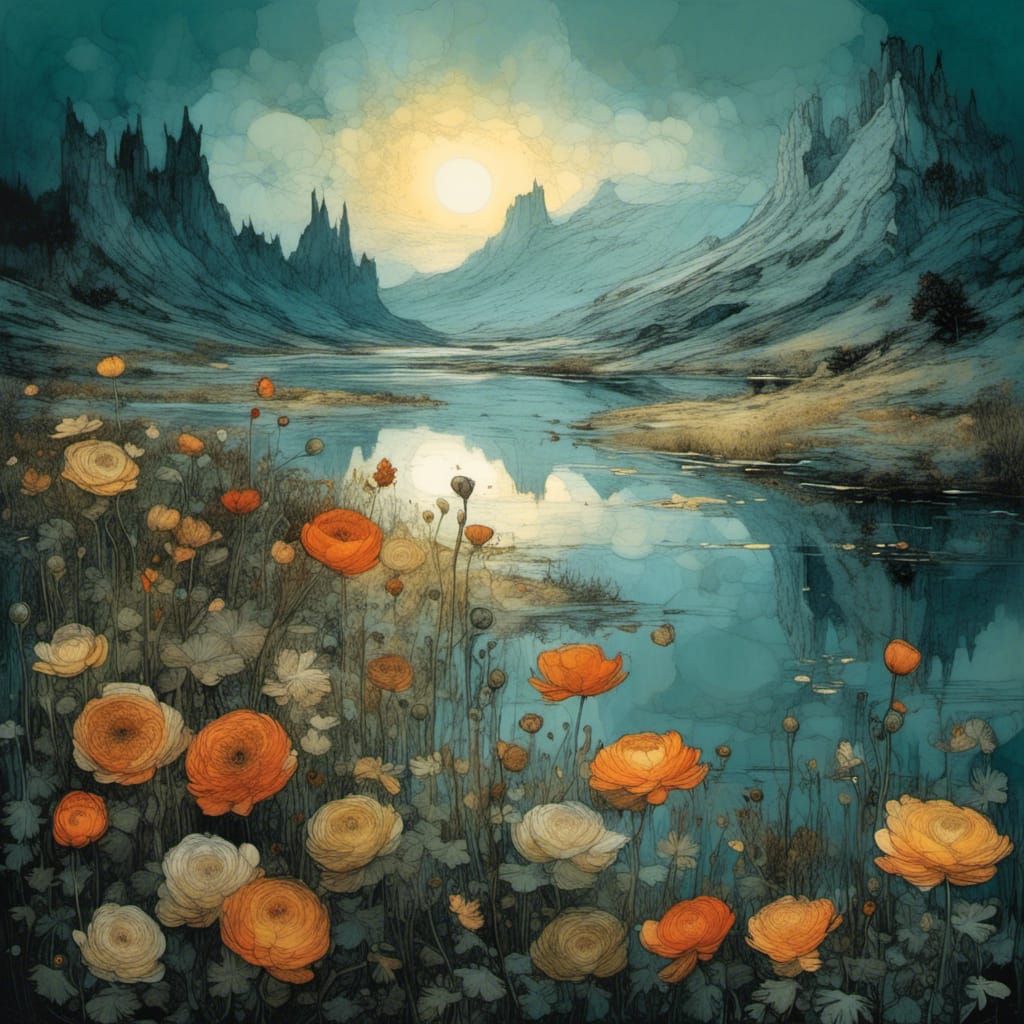 Luminous Crowfoot Lake with Mountain Stream