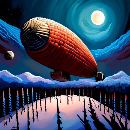 Airship in Winter Night Sky: Impasto Oil Painting