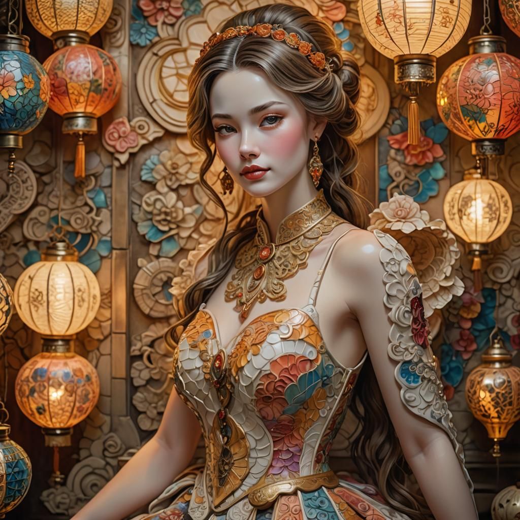 Porcelain Lady Portrait with Zentangle Background