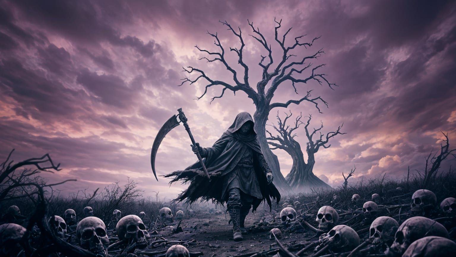 Desolate Reaper Walks Windswept Wasteland