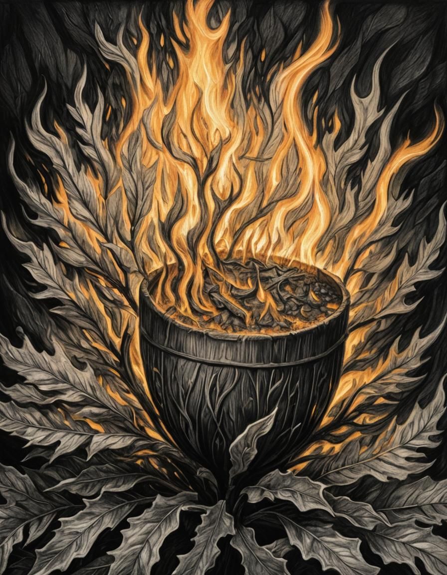 Dramatic Burning Bush Charcoal Drawing in Darkness