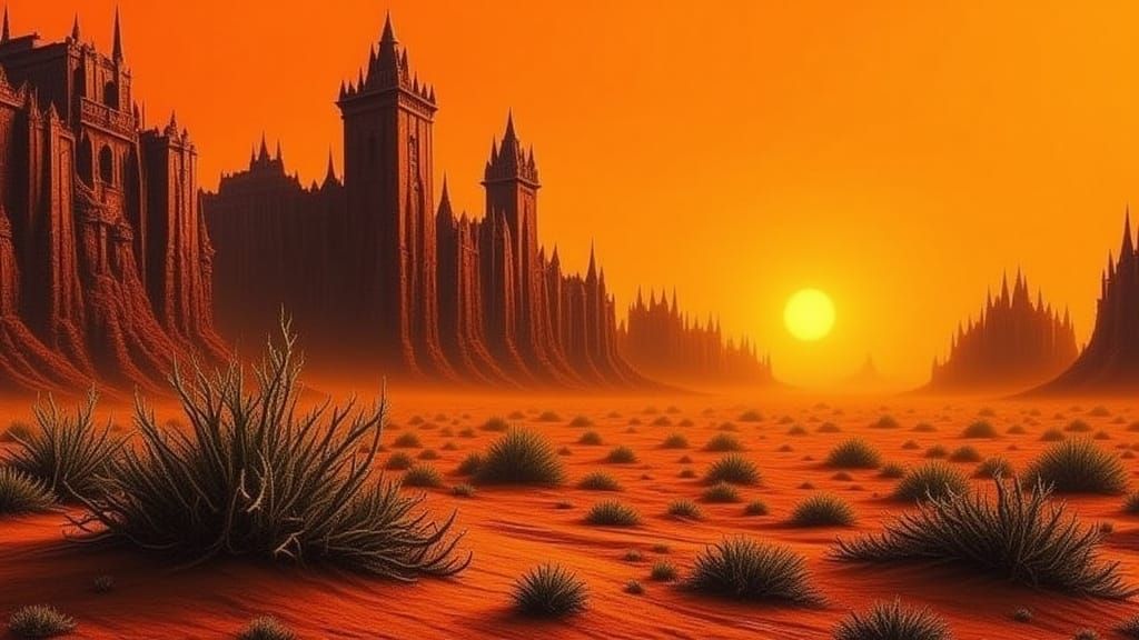 Golden Desert Fortress with Twisted Botanicals in a Surreal ...