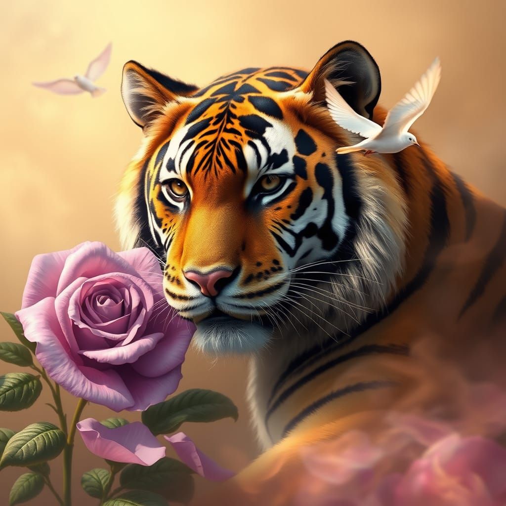 a tiger, a purple rose and a bird. Beige smokey background.