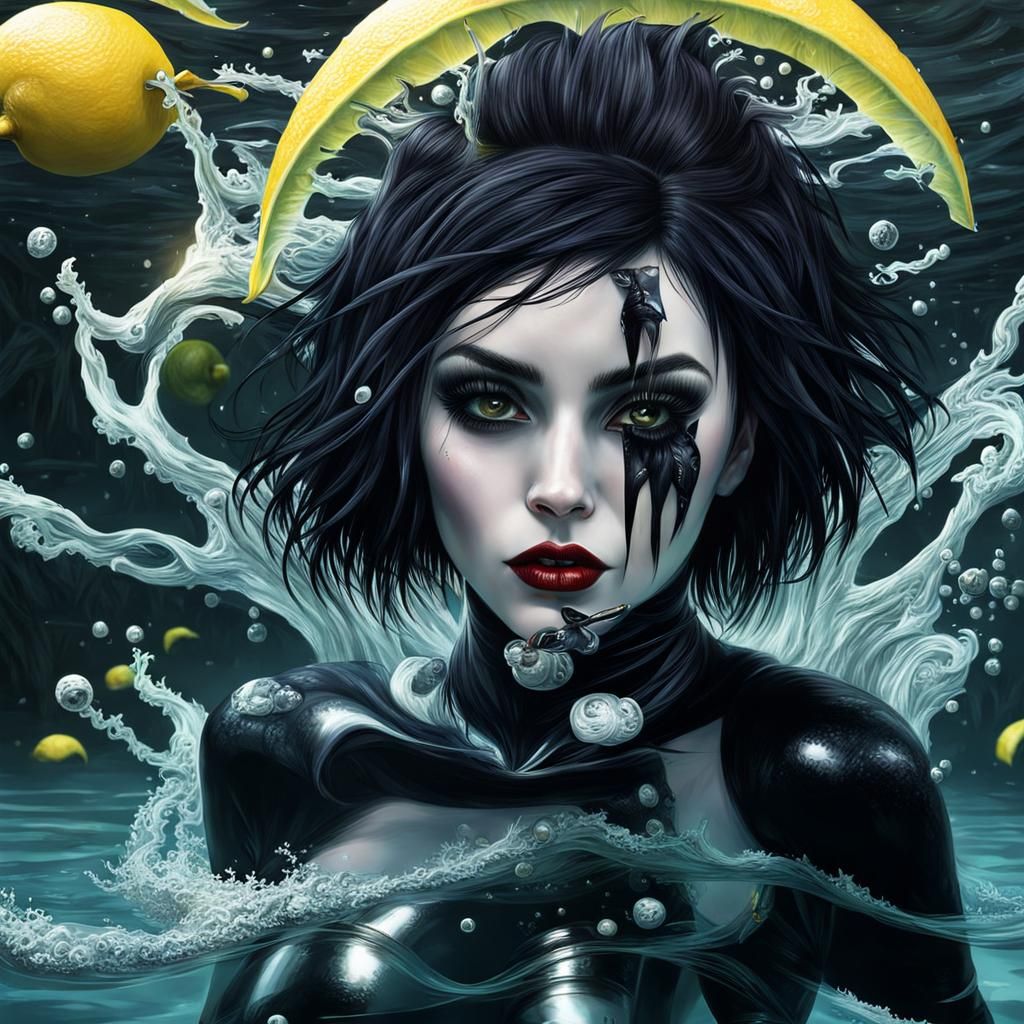 Goth girl swimming in lemonade, photorealistic