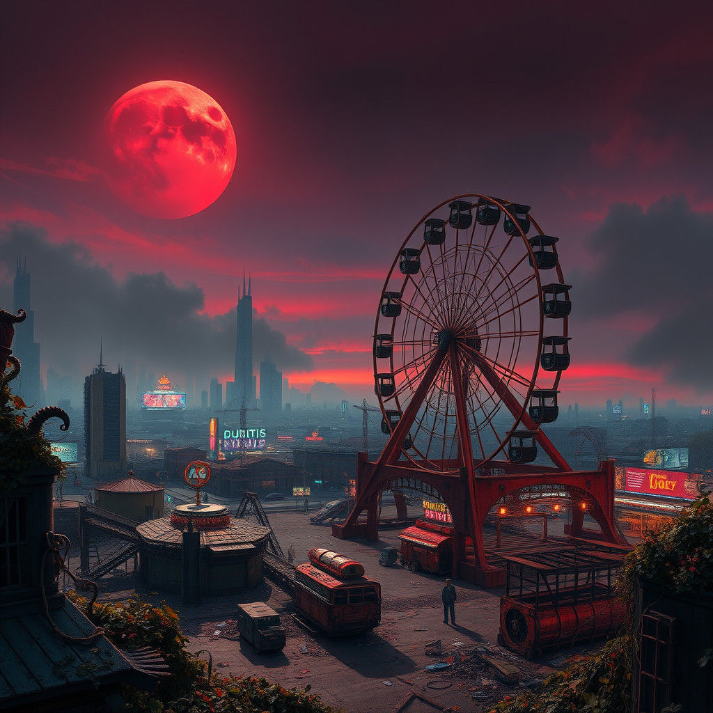 Dystopian Cyberpunk Amusement Park at Twilight
