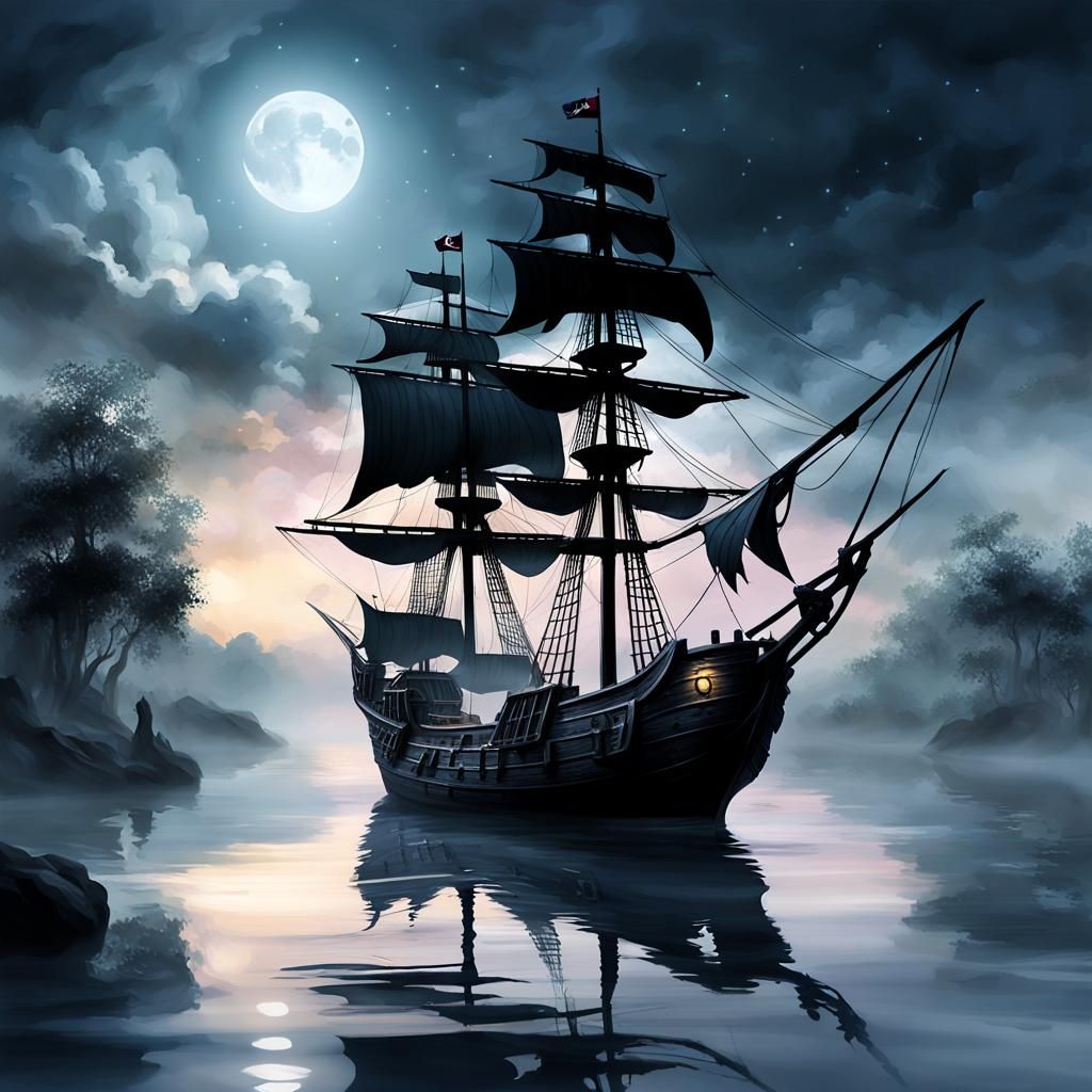 Black Pearl Pirate Ship on Moonlit River