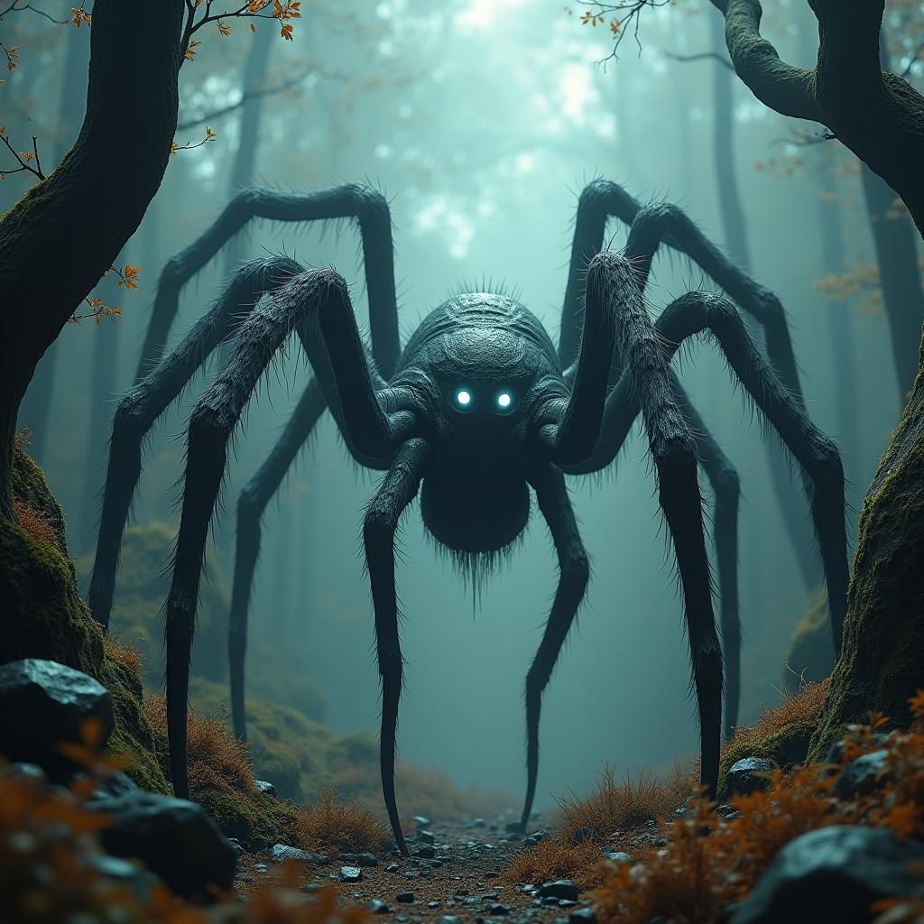 Colossal Spider in Misty Forest, Dark Fantasy Art